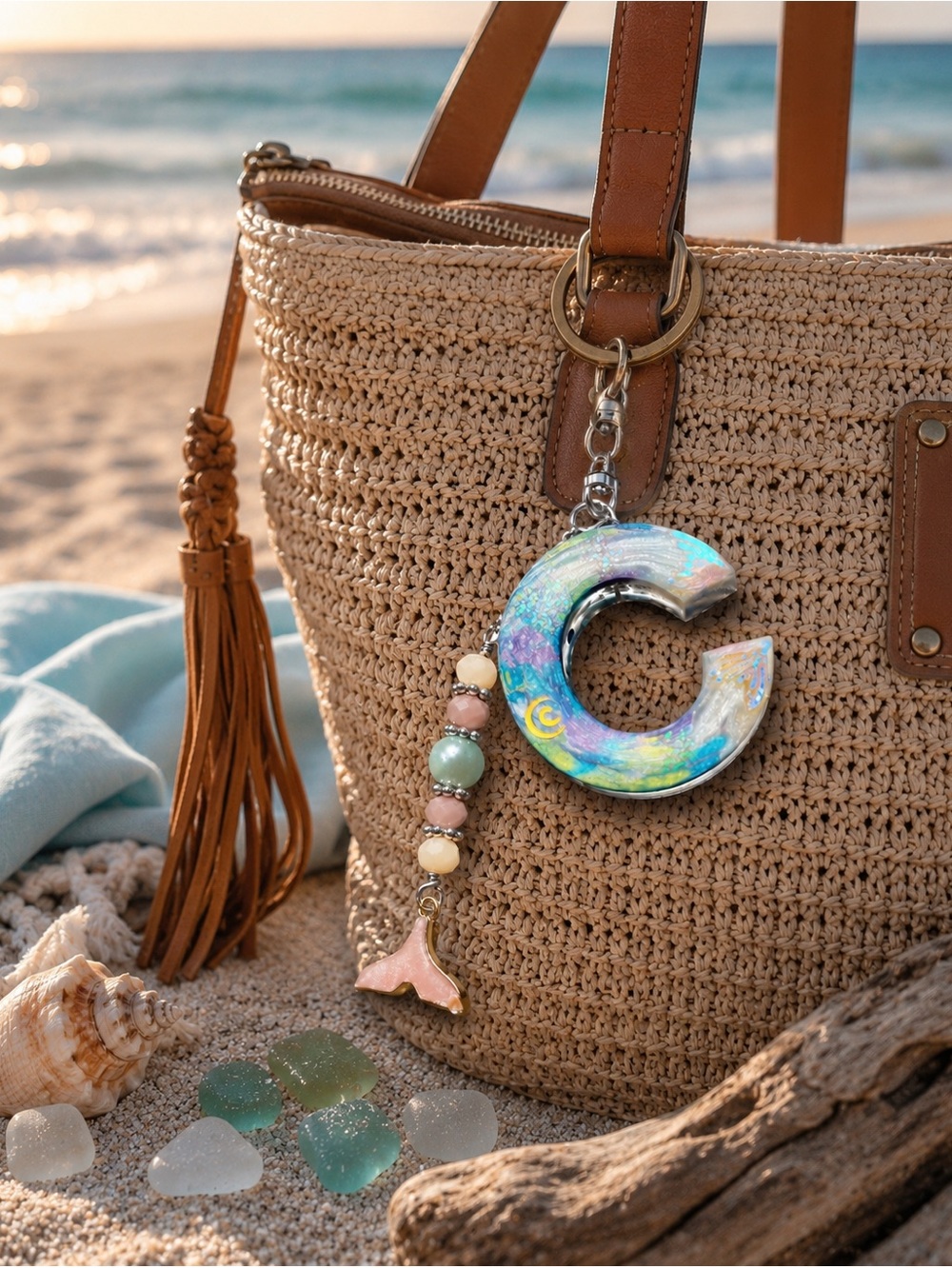 Letter C Mermaid Keychain with Tail Charm Ocean Inspired Artisan - Picture 3 of 16